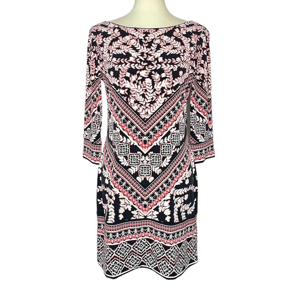 WHBM Dress Womens Small Pink Black‎ Print Stretch 3/4 Length Sleeves Top Lined
